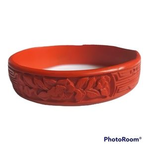 Cinnabar Hand Carved Vintage Bangle Bracelet Asian Floral Motif